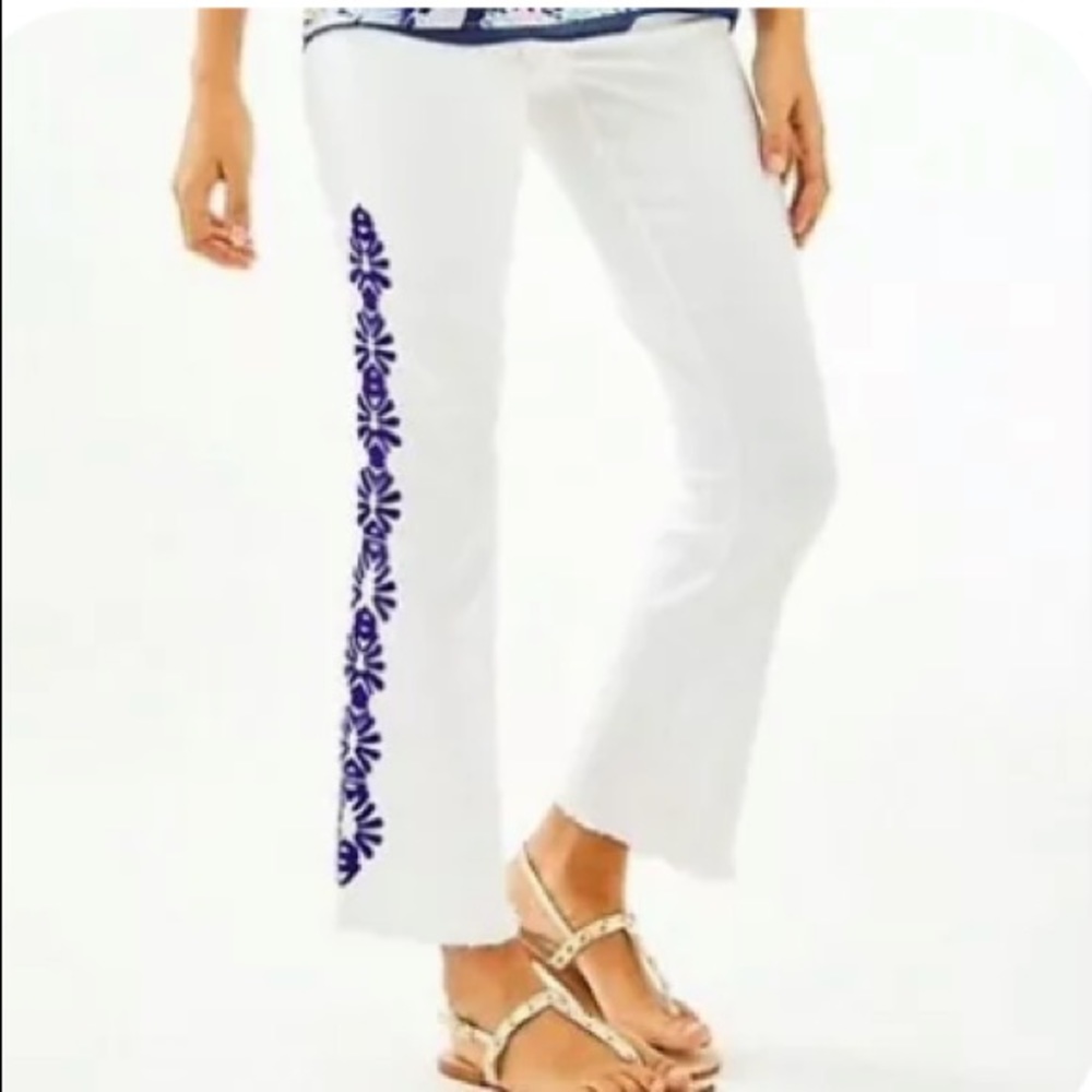 Lilly Pulitzer South Ocean Crop Flare Jeans White Lapis Border Geo Embroidery- 4